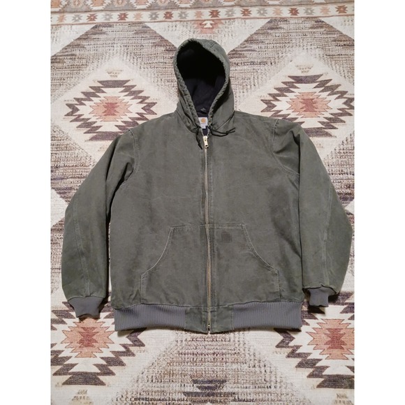Vtg Y2K Carhartt Gray Zip Up Jacket Hood Adult XL Faded J130 GVL Quilted Lining